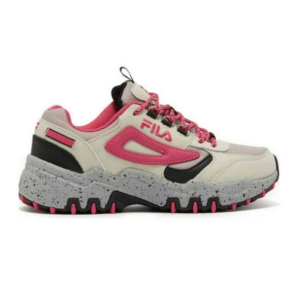 FILA Women's Lace Up Leather Accent Sneaker Size 8.5 Gray Beige Black Pink - Picture 2 of 8
